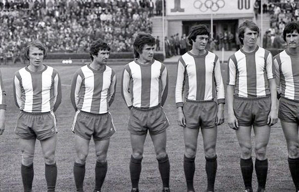 Приблизно 1980 рік. Зліва направо: Карлов, Жилін, Коробочка, Сироватський, Тухівський, Лущенко